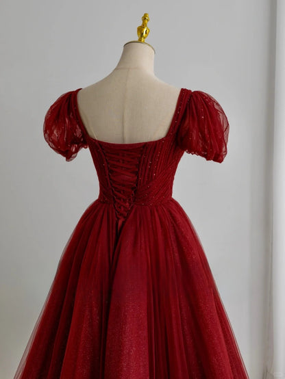 Modest Ball Gown Sweetheart Tulle Burgundy Prom Dresses Long Sweet 16 Birthday Party Dress Evening Dresses AU156