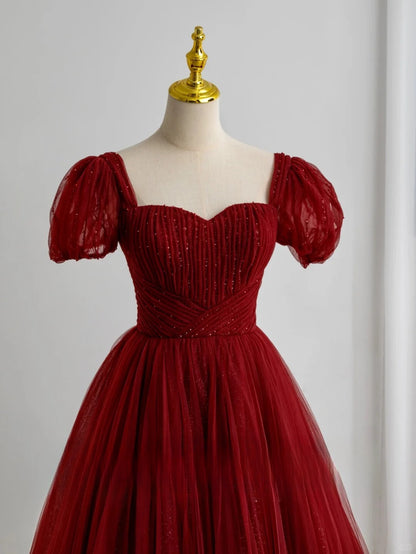 Modest Ball Gown Sweetheart Tulle Burgundy Prom Dresses Long Sweet 16 Birthday Party Dress Evening Dresses AU156