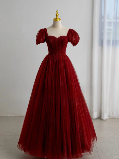 Modest Ball Gown Sweetheart Tulle Burgundy Prom Dresses Long Sweet 16 Birthday Party Dress Evening Dresses AU156