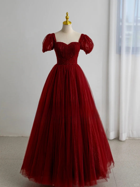 Modest Ball Gown Sweetheart Tulle Burgundy Prom Dresses Long Sweet 16 Birthday Party Dress Evening Dresses AU156