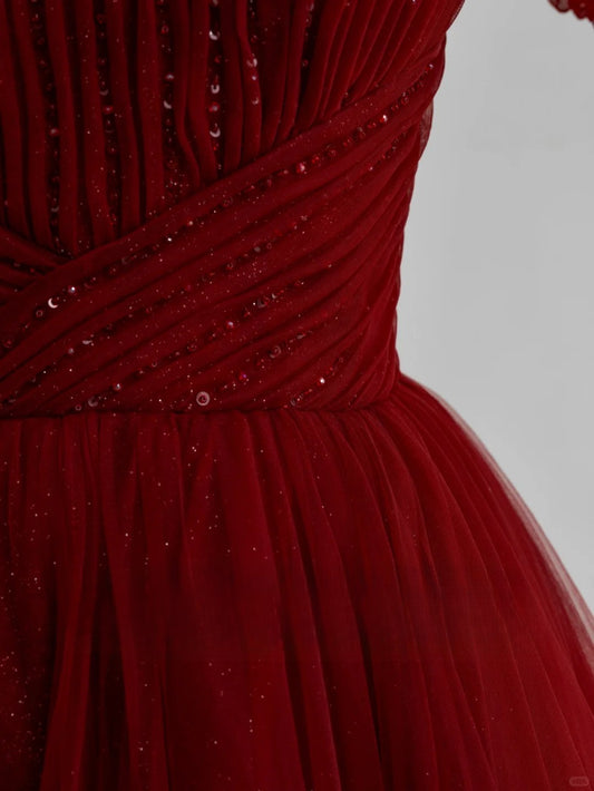 Modest Ball Gown Sweetheart Tulle Burgundy Prom Dresses Long Sweet 16 Birthday Party Dress Evening Dresses AU156