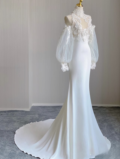 Dream Mermaid High Neck Sleeveless Lace White Wedding Dress Fairy Formal Brides Gown Wedding Dresses AU159