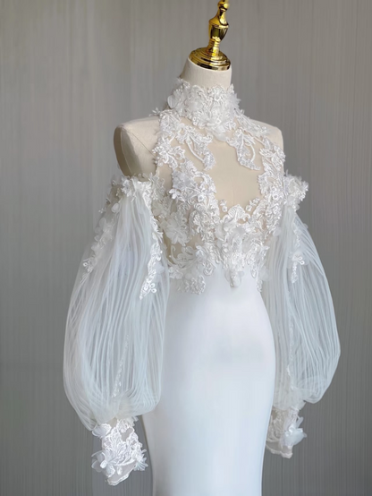 Dream Mermaid High Neck Sleeveless Lace White Wedding Dress Fairy Formal Brides Gown Wedding Dresses AU159