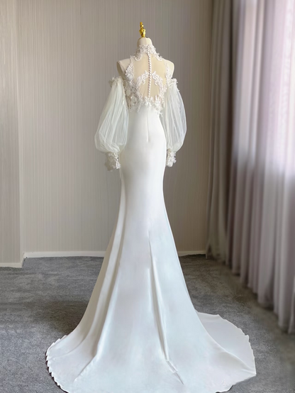 Dream Mermaid High Neck Sleeveless Lace White Wedding Dress Fairy Formal Brides Gown Wedding Dresses AU159
