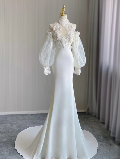 Dream Mermaid High Neck Sleeveless Lace White Wedding Dress Fairy Formal Brides Gown Wedding Dresses AU159