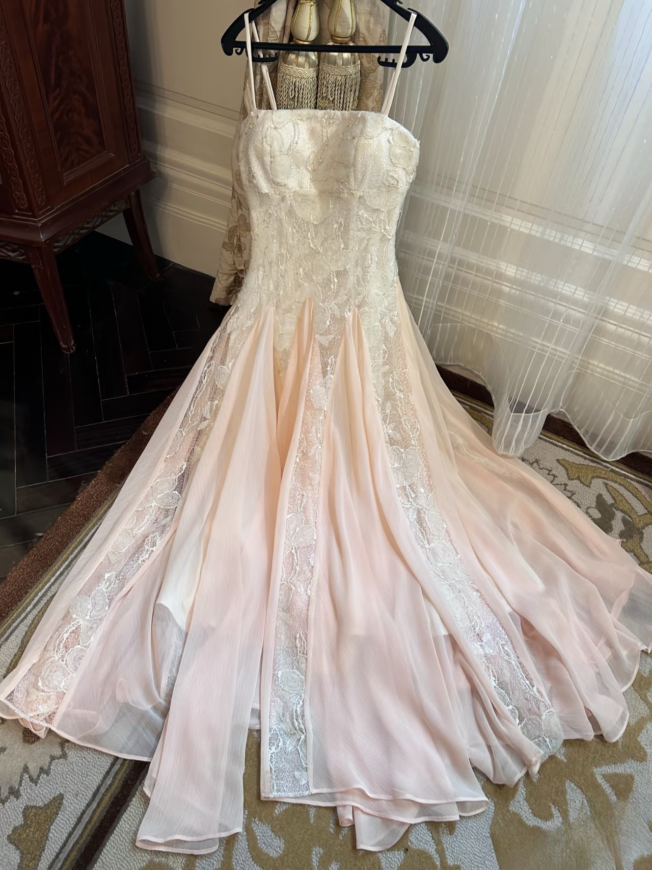 Modest a line spaghetti straps pink chiffon lace prom dress formal party dresses AU158