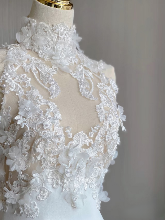 Dream Mermaid High Neck Sleeveless Lace White Wedding Dress Fairy Formal Brides Gown Wedding Dresses AU159