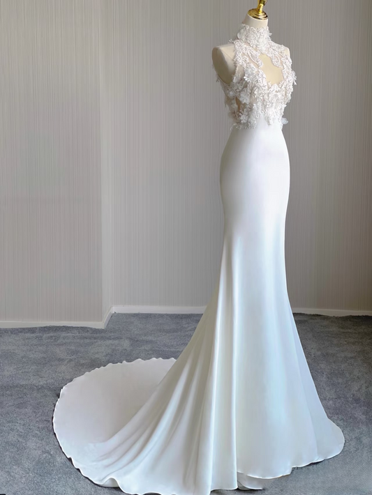 Dream Mermaid High Neck Sleeveless Lace White Wedding Dress Fairy Formal Brides Gown Wedding Dresses AU159