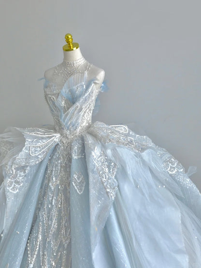 Beautiful Ball Gown Strapless Lace Light Sky Blue With Long Strain Beading Corset Fitted Back Groom Bride Gown Bridal Dress Modest Wedding Dresses RB7721