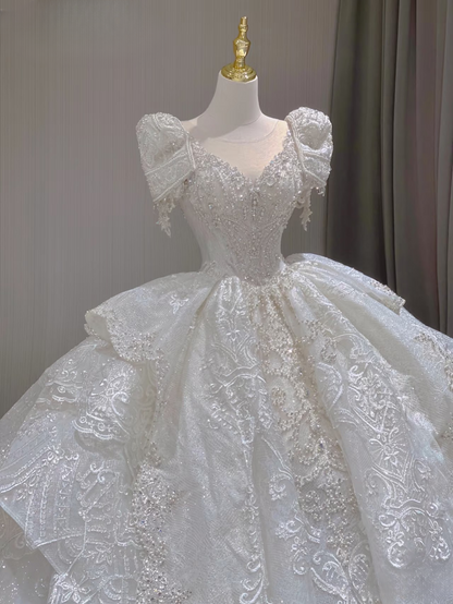 Dream Ball Gown V neck Short Sleeves White Lace Long Wedding Dress Fairytale Autumn Spring Wedding Dresses AU160