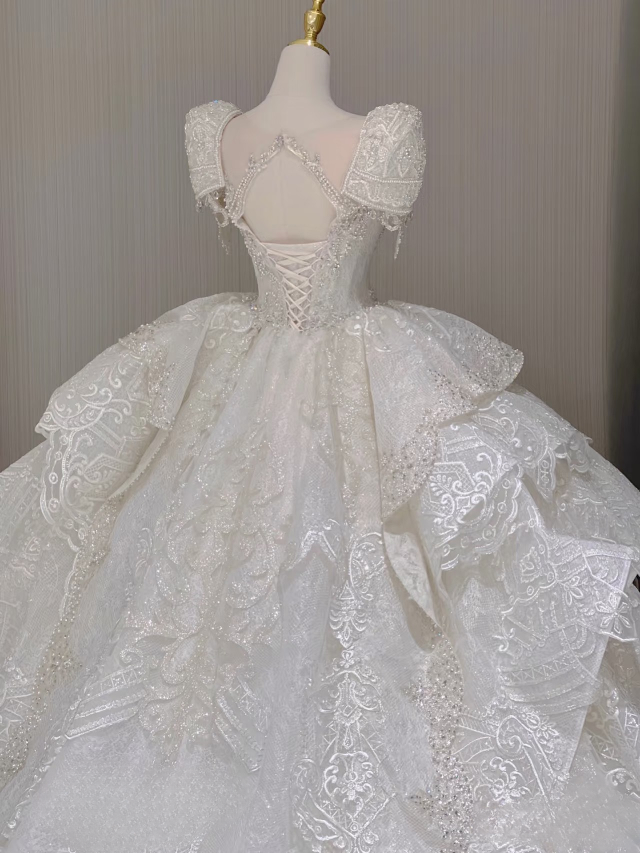 Dream Ball Gown V neck Short Sleeves White Lace Long Wedding Dress Fairytale Autumn Spring Wedding Dresses AU160