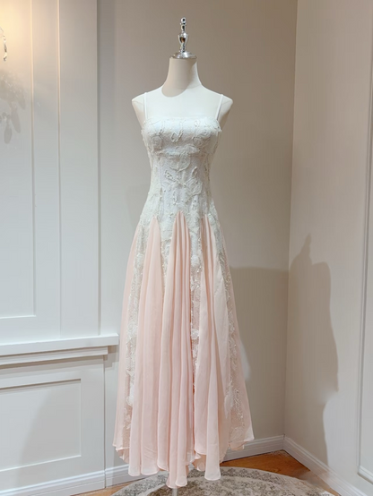 Vintage Prom Dresses A line Spaghetti Strap Sleeveless Pink Lace Prom Dress Inspiration Long Prom Dresses AU160