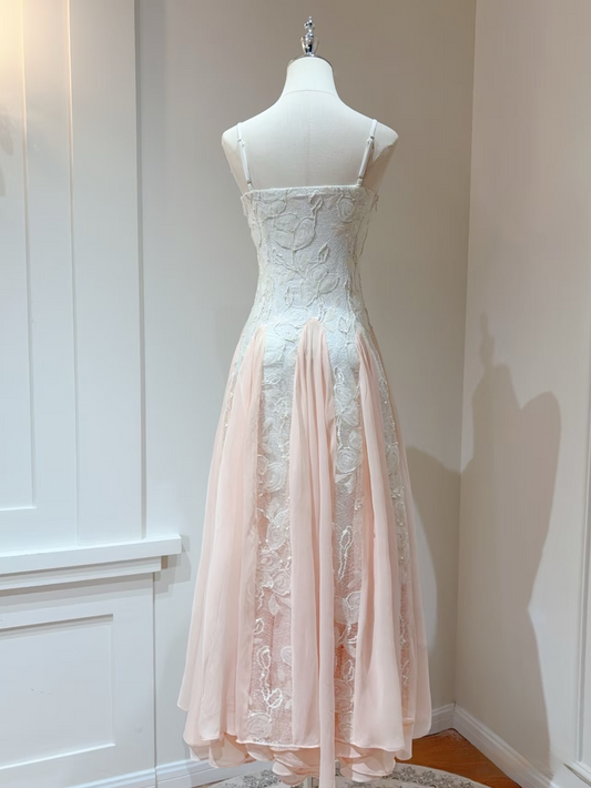 Modest a line spaghetti straps pink chiffon lace prom dress formal party dresses AU158
