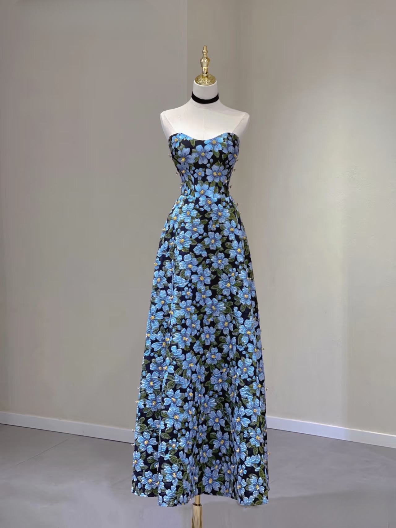 Timeless A line Sweetheart Blue Floral Satin Long Prom Dresses Party Dress Birthday Outfits Graduation Dress AU161