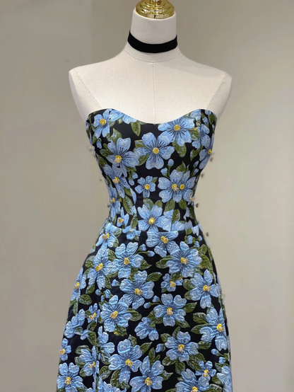 Timeless A line Sweetheart Blue Floral Satin Long Prom Dresses Party Dress Birthday Outfits Graduation Dress AU161