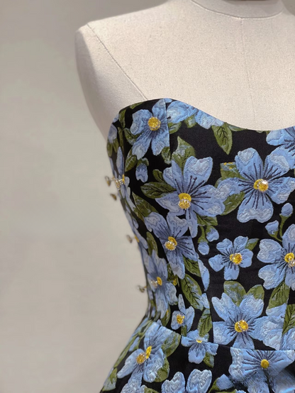 Timeless A line Sweetheart Blue Floral Satin Long Prom Dresses Party Dress Birthday Outfits Graduation Dress AU161