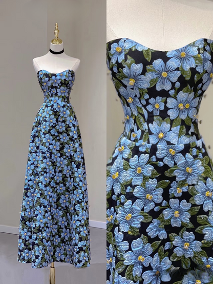 Timeless A line Sweetheart Blue Floral Satin Long Prom Dresses Party Dress Birthday Outfits Graduation Dress AU161