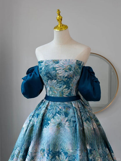 Modest Ball Gown Strapless Floral Blue Satin Prom Dresses Long Sweet 16 Birthday Party Dress Evening Dresses AU161