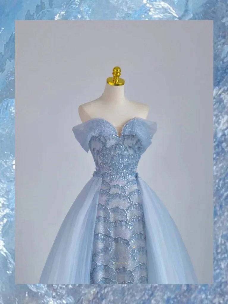Pretty A line Off The Shoulder Blue Sequined With Sleeves Prom Dresses Long Evening Party Formal Outfits RB6614