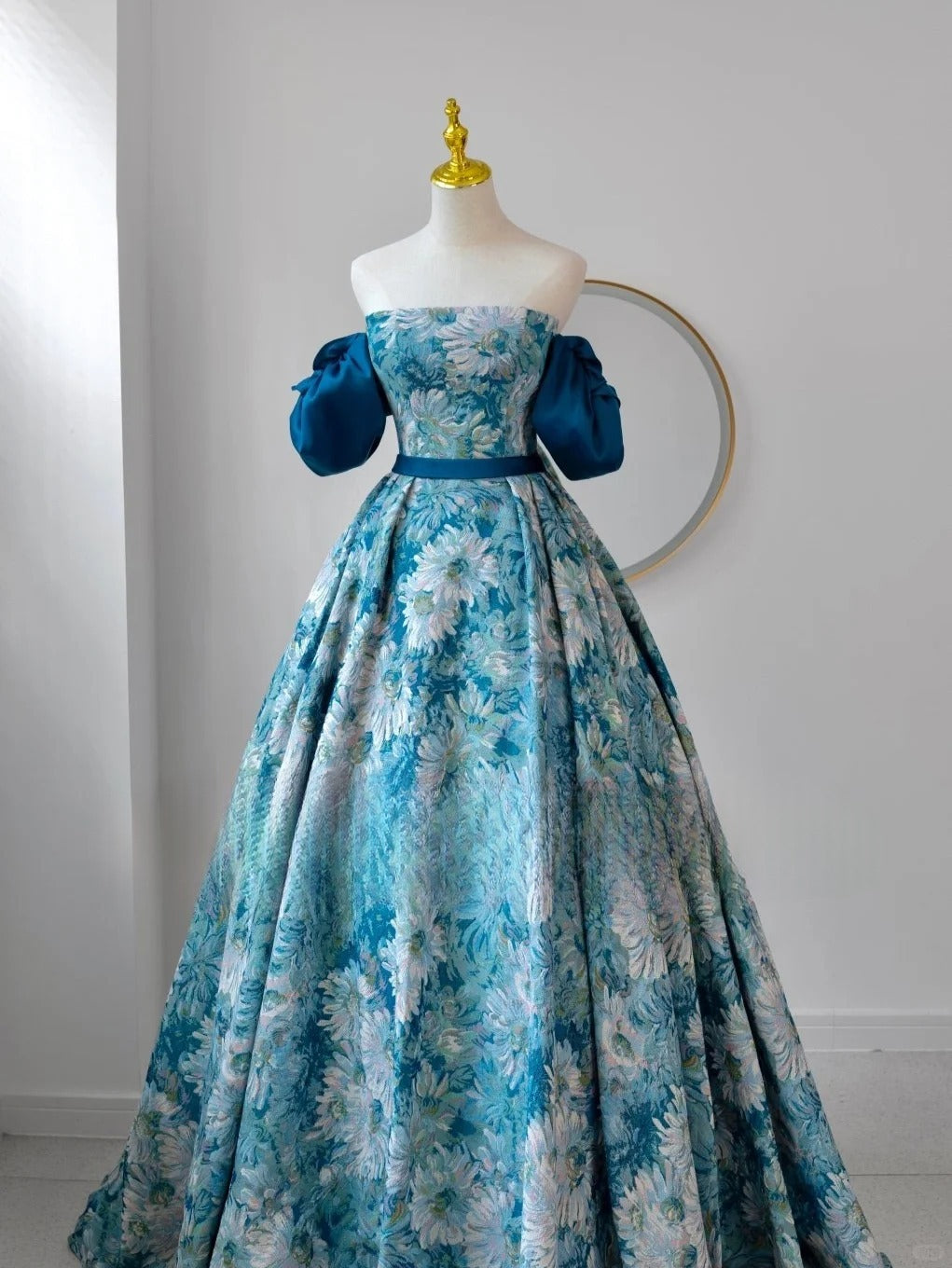 Modest Ball Gown Strapless Floral Blue Satin Prom Dresses Long Sweet 16 Birthday Party Dress Evening Dresses AU161