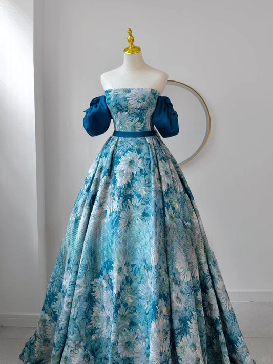 Modest Ball Gown Strapless Floral Blue Satin Prom Dresses Long Sweet 16 Birthday Party Dress Evening Dresses AU161
