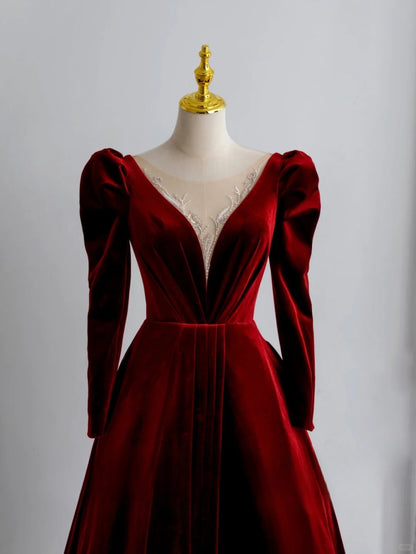 Charming A Line V Neck With Long Sleeves Burgundy Velvet Long Prom Dresses Formal Party Dress Prom Gown AU162