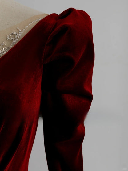Charming A Line V Neck With Long Sleeves Burgundy Velvet Long Prom Dresses Formal Party Dress Prom Gown AU162