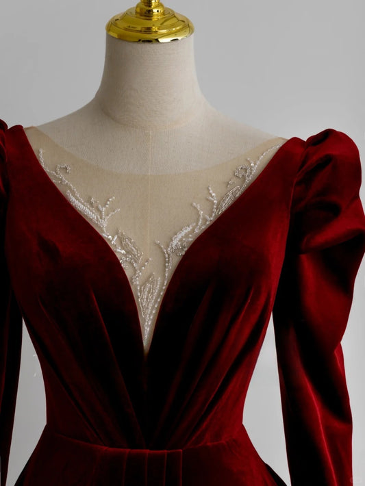 Charming A Line V Neck With Long Sleeves Burgundy Velvet Long Prom Dresses Formal Party Dress Prom Gown AU162