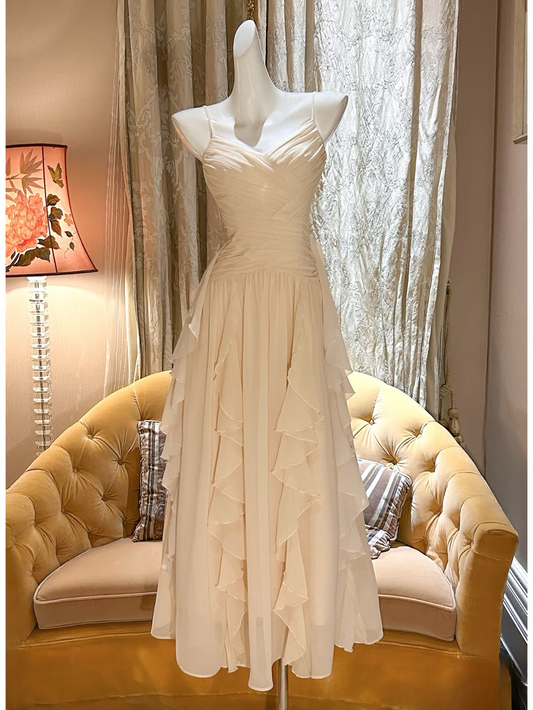 Modest a line spaghetti straps champagne chiffon prom dress formal party dresses AU163
