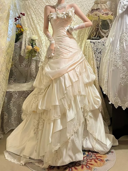 Retro Mermaid Strapless Satin 70s White Fitted Long Wedding Dress Bride Gown Brides Dresses AU165