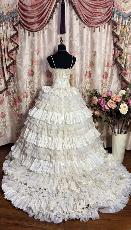 Retro Ball Gown Spaghetti Strap Ivory 70s Fitted Corset Bride Gown Long Wedding Dresses Bride Dress AU167