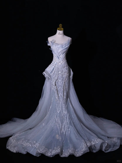 Fairy-tale Mermaid Strapless With Pearls Tulle Brides Gown Bridal Dress Wedding Dresses Style RB6616