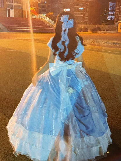 Modest Quinceanera Dresses Ball Gown Off The Shoulder Blue Birthday Gowns Vestidos De 15 Anos Formal Party Long Sweet 16 Dress AU168