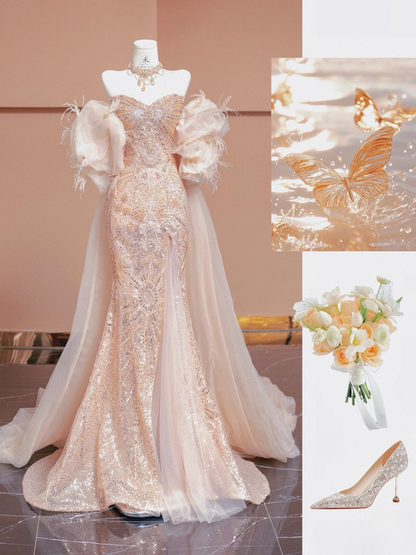 Sparkle Mermaid Sweetheart Gold Slit Sequin Long Prom Dresses Party Dress Birthday Outfits Graduation Dress AU170