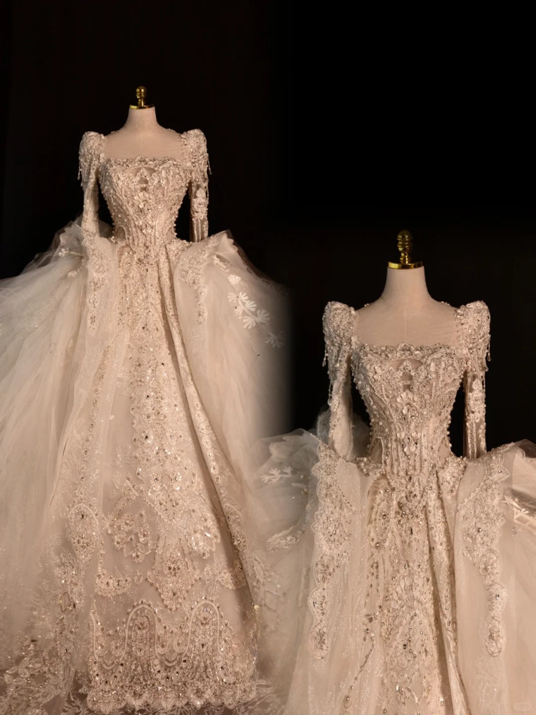 Fairy-tale Ball Gown Square Neck With Long Sleeves Pearls Tulle Brides Gown Bridal Dress Wedding Dresses Style RB6617