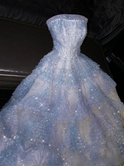 Elegant Ball Gown Strapless Blue Long Tulle Prom Dresses Unique Party Formal Graduation Dress AU171