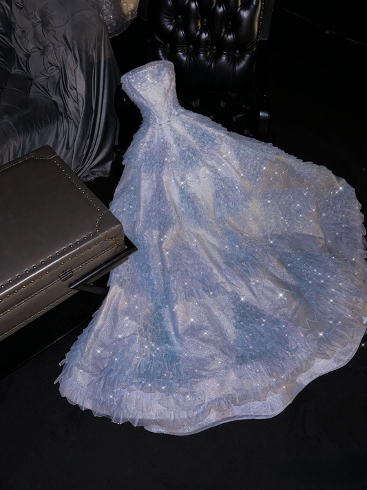 Elegant Ball Gown Strapless Blue Long Tulle Prom Dresses Unique Party Formal Graduation Dress AU171