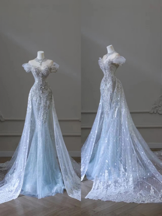 Sparkle Mermaid Off The Shoulder Light Sky Blue Sequin Long Prom Dresses Party Dress Birthday Outfits Graduation Dress AU172
