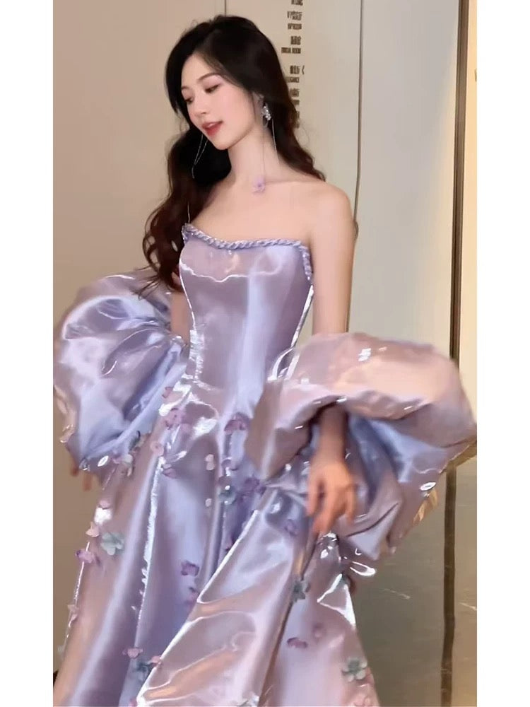 Elegant Ball Gown Strapless Lilac Satin Long Prom Dresses Unique Party Formal Graduation Dress AU174