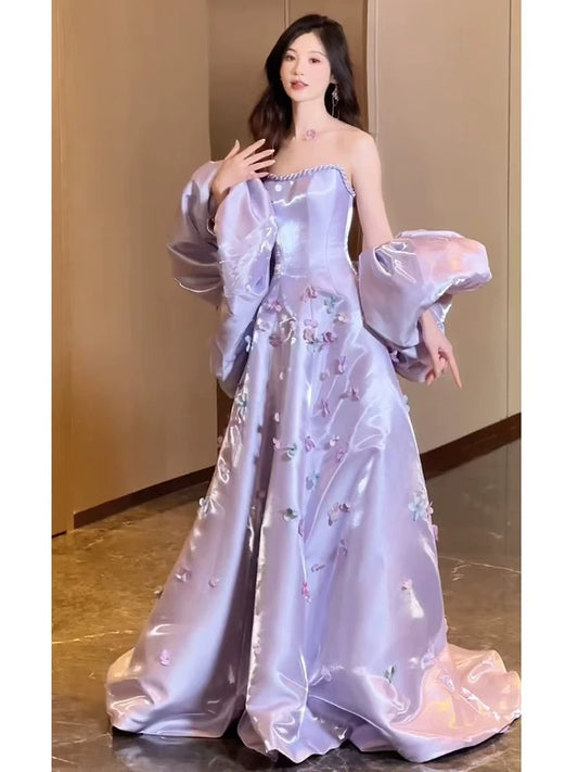 Elegant Ball Gown Strapless Lilac Satin Long Prom Dresses Unique Party Formal Graduation Dress AU174