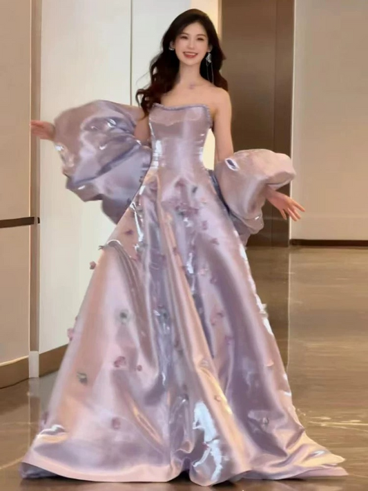 Elegant Ball Gown Strapless Lilac Satin Long Prom Dresses Unique Party Formal Graduation Dress AU174