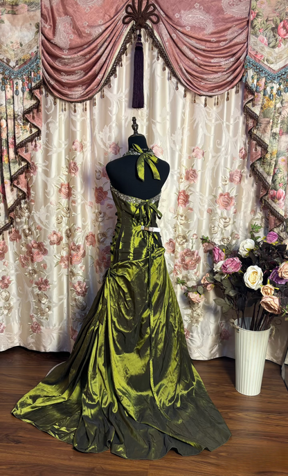Vintage Mermaid Halter Green Satin With Beads Sequins Sleeveless 90s Long Prom Dresses Prom Gowns AU174