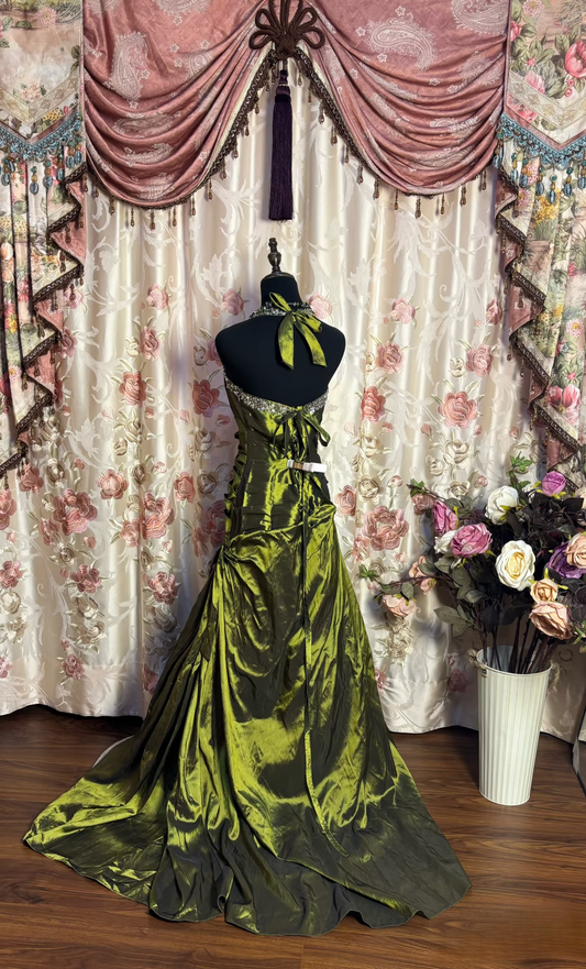 Vintage Mermaid Halter Green Satin With Beads Sequins Sleeveless 90s Long Prom Dresses Prom Gowns AU174