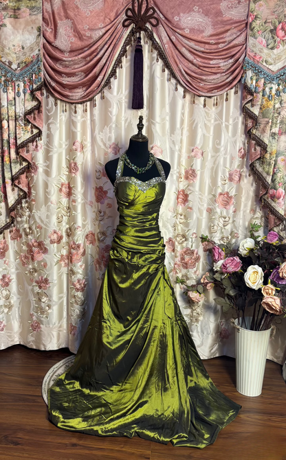 Vintage Mermaid Halter Green Satin With Beads Sequins Sleeveless 90s Long Prom Dresses Prom Gowns AU174