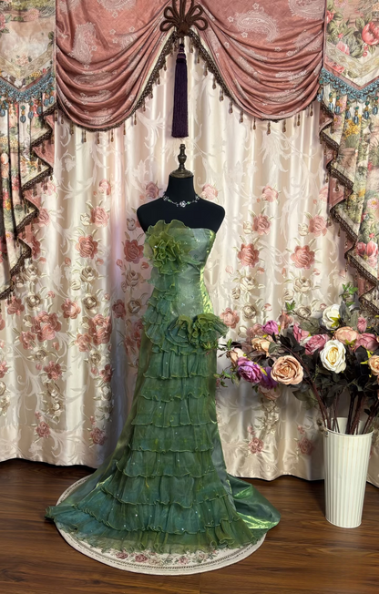Vintage Mermaid Halter Strapless Green Tulle With Layers Sleeveless 90s Long Prom Dresses Prom Gowns AU175