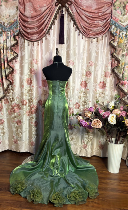 Vintage Mermaid Halter Strapless Green Tulle With Layers Sleeveless 90s Long Prom Dresses Prom Gowns AU175
