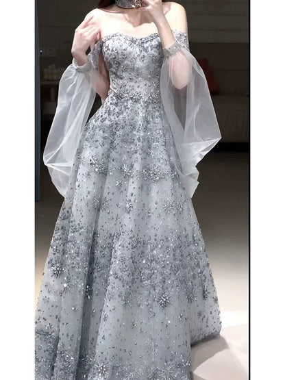 Elegant Ball Gown Off The Shoulder Sequin Silver Gray Long Prom Dresses Party Formal Graduation Dress AU176