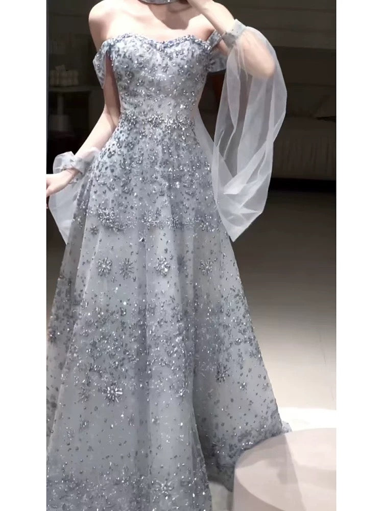 Elegant Ball Gown Off The Shoulder Sequin Silver Gray Long Prom Dresses Party Formal Graduation Dress AU176
