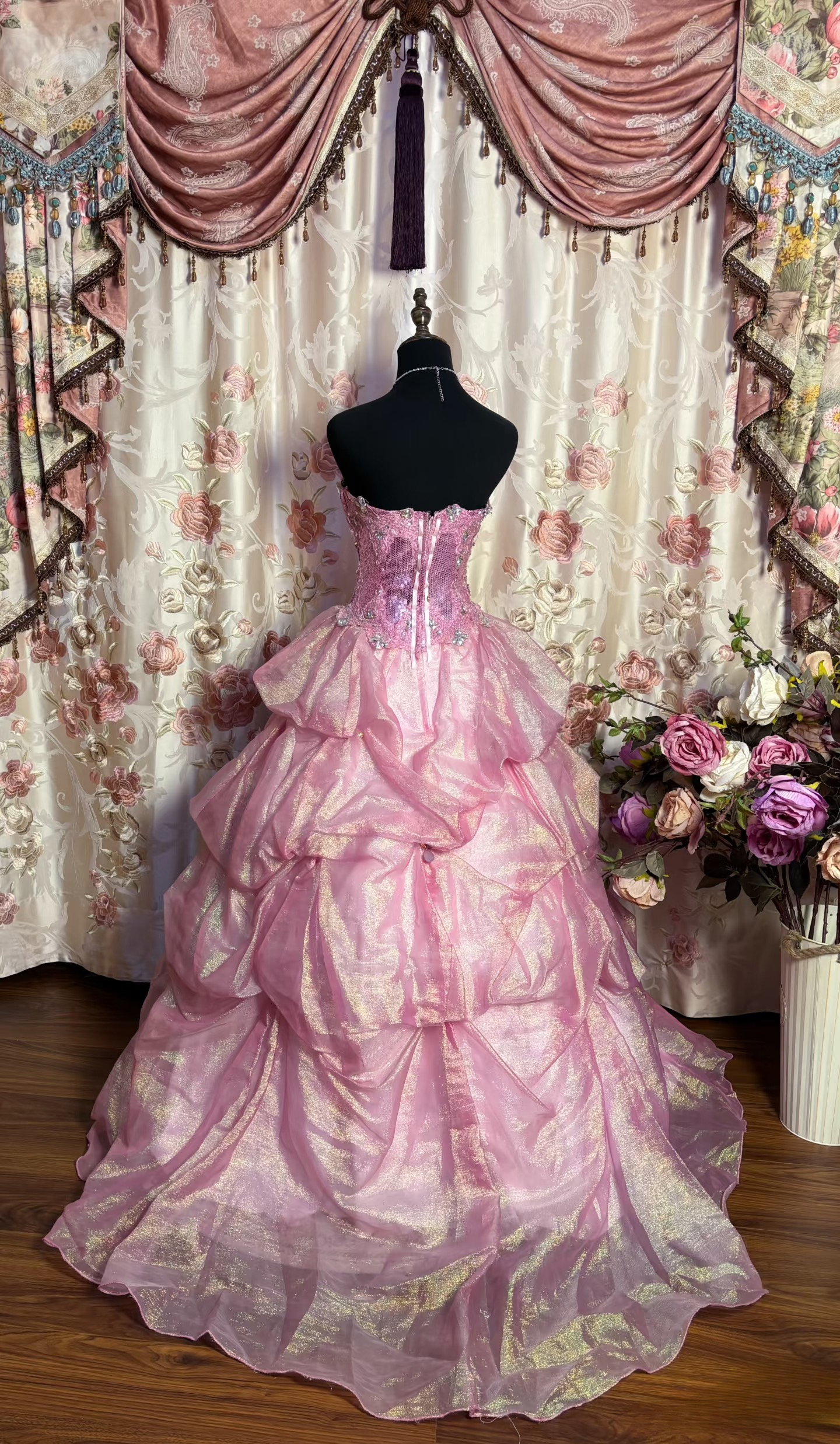 Retro Ball Gown Strapless Pink Organza Long Prom Dresses 80s 70s Prom Gowns AU176