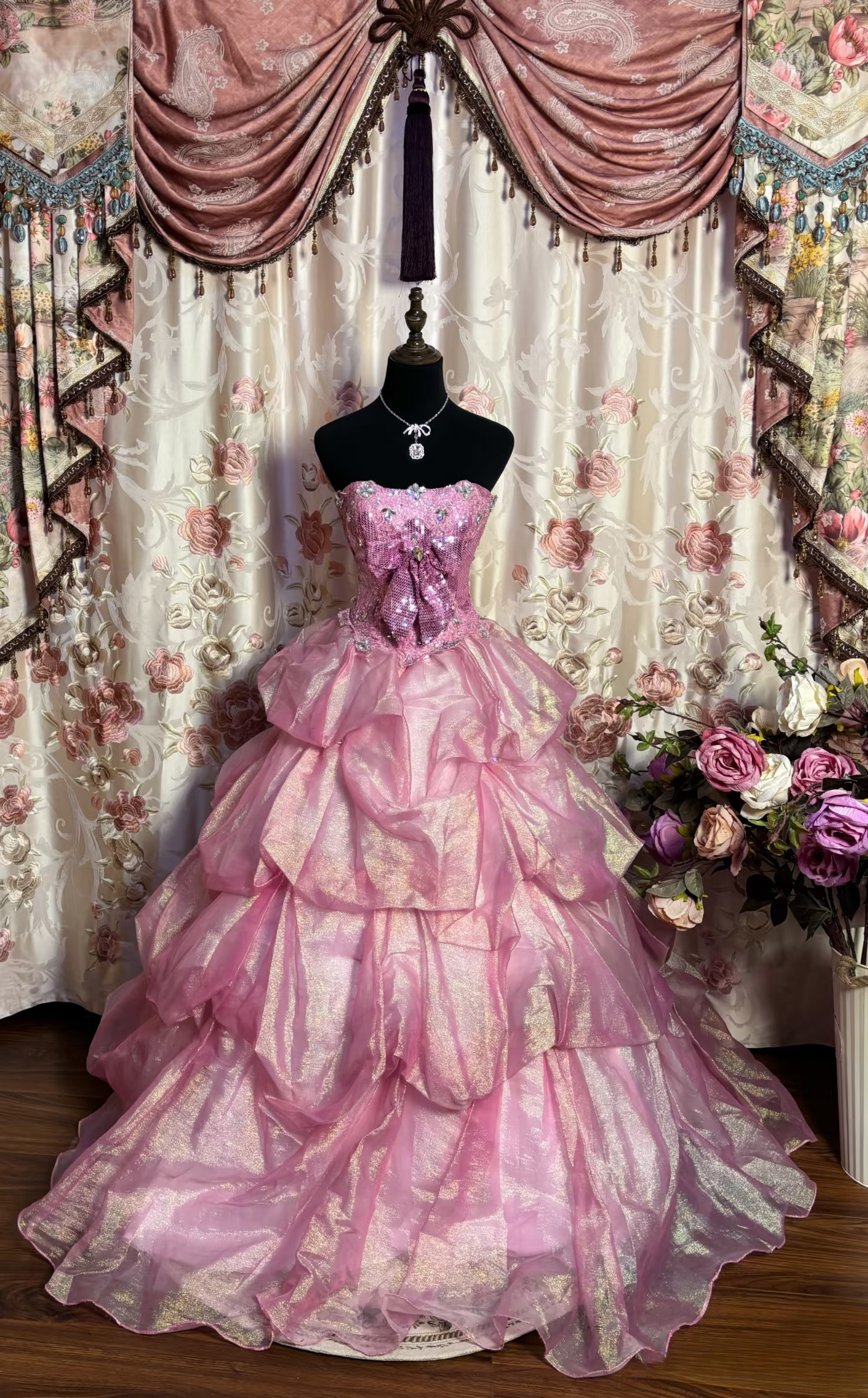 Retro Ball Gown Strapless Pink Organza Long Prom Dresses 80s 70s Prom Gowns AU176